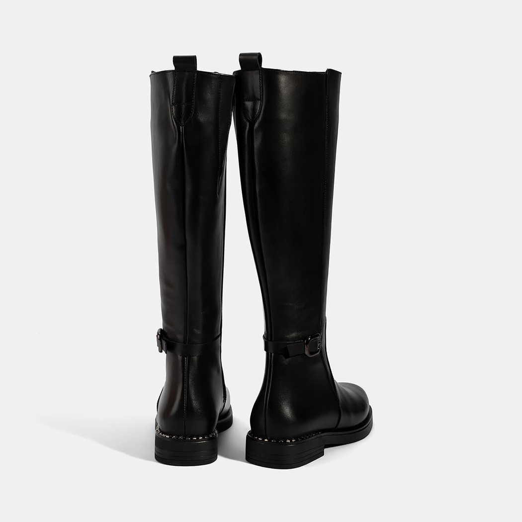 Kadın Siyah Metal Tokalı Kalın Topuklu Deri Çizme