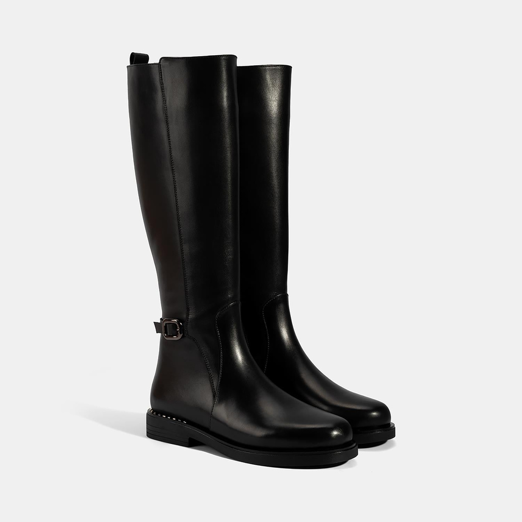 Kadın Siyah Metal Tokalı Kalın Topuklu Deri Çizme