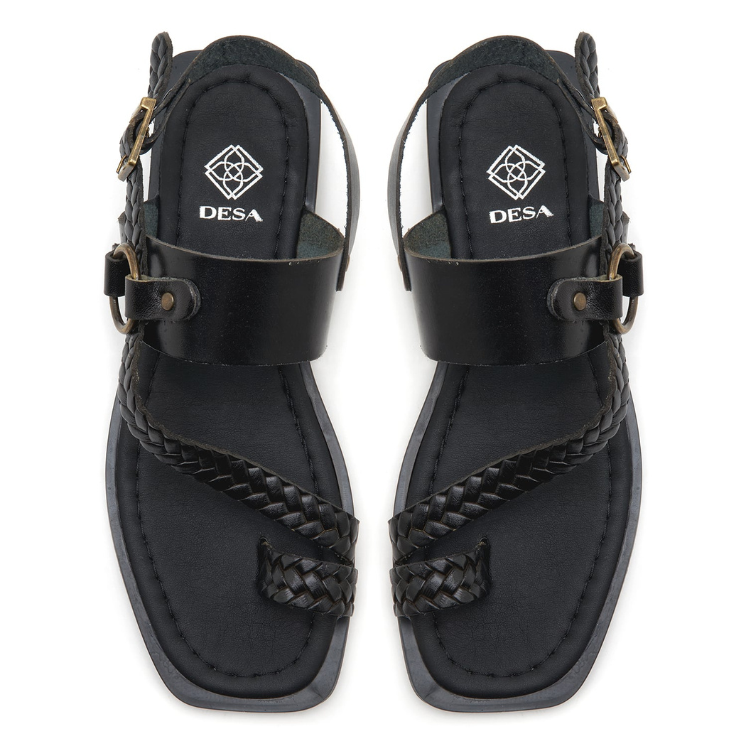 Kadın Siyah Örgü Baskılı Deri Sandalet