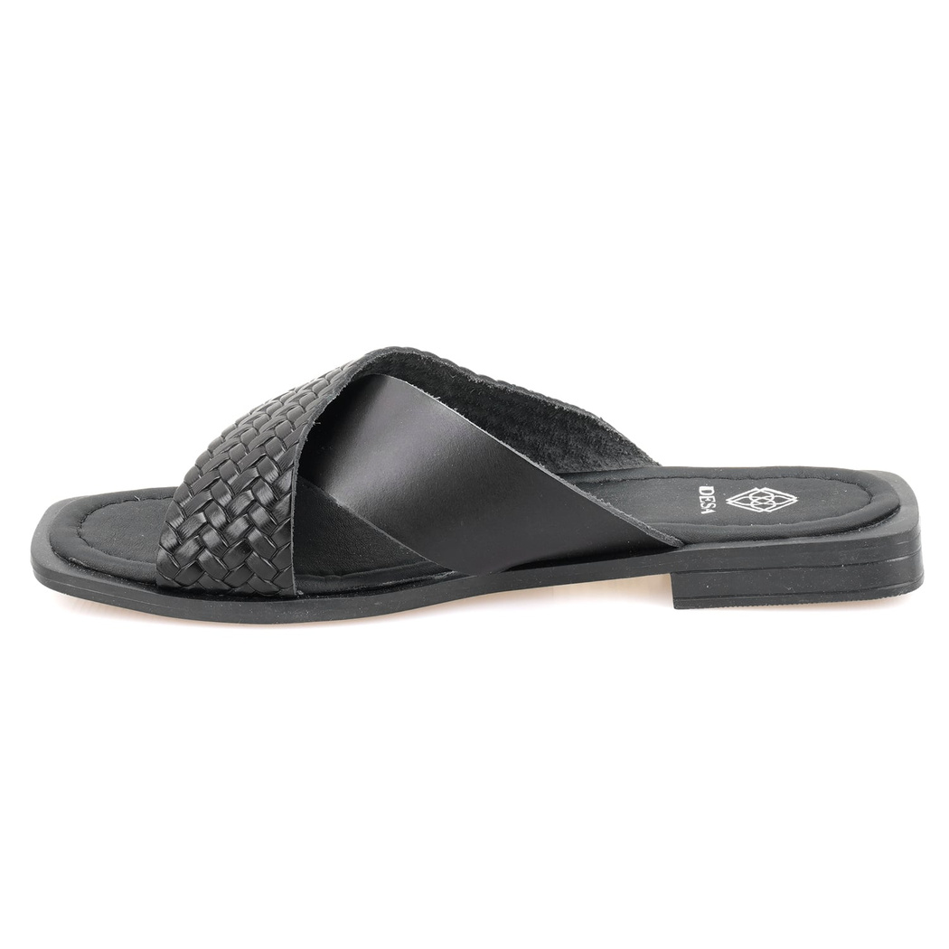 Kadın Siyah Örgü Baskılı Deri Terlik