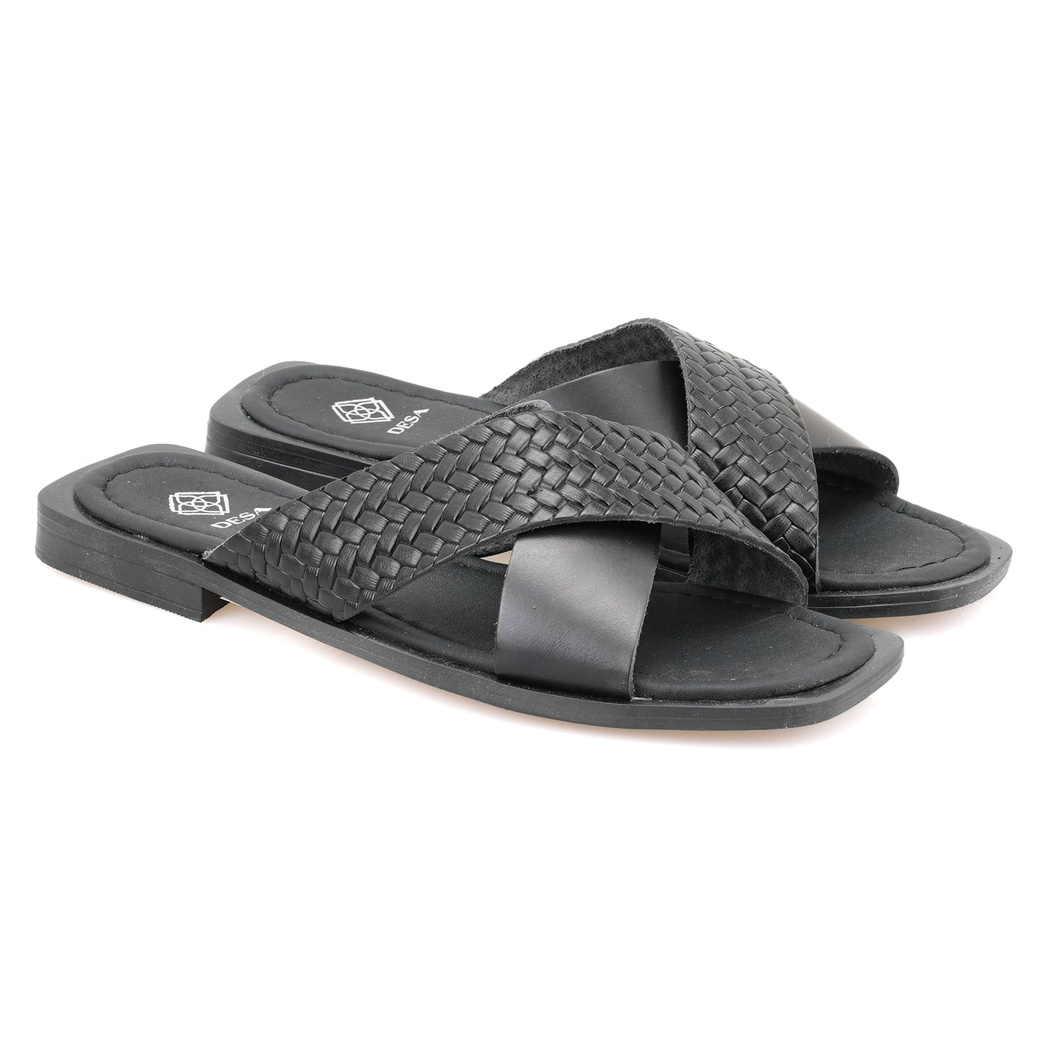 Kadın Siyah Örgü Baskılı Deri Terlik