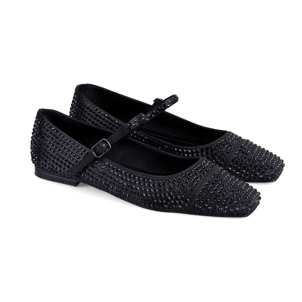 Kadın Siyah Parlak Taş Detaylı Mary Jane Babet