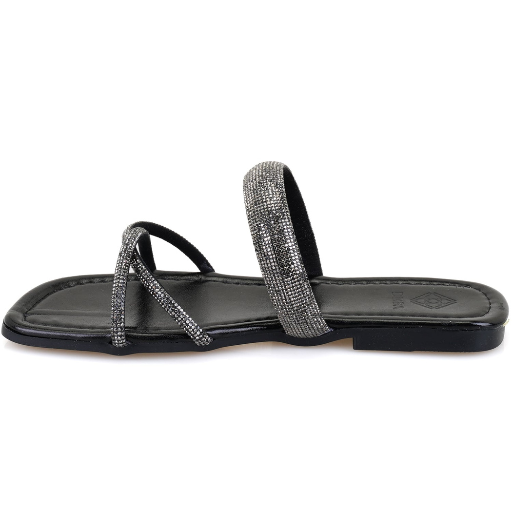Kadın Siyah Parlak Taş Detaylı Terlik