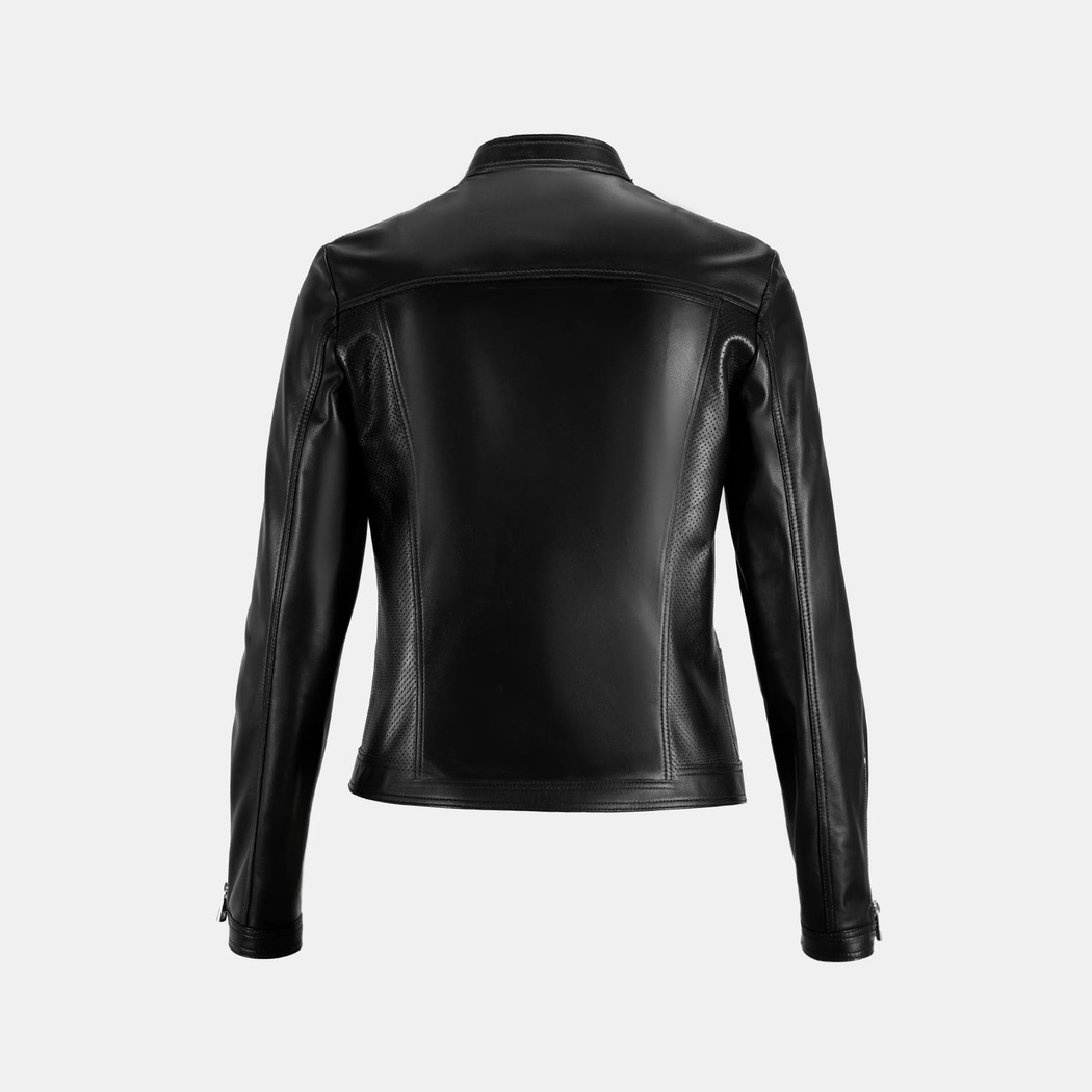 Kadın Siyah Perfore Detaylı Deri Ceket