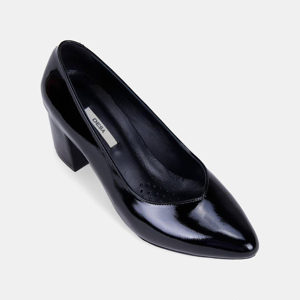 Kadın Siyah Rugan Deri Kalın Topuklu Ayakkabı 