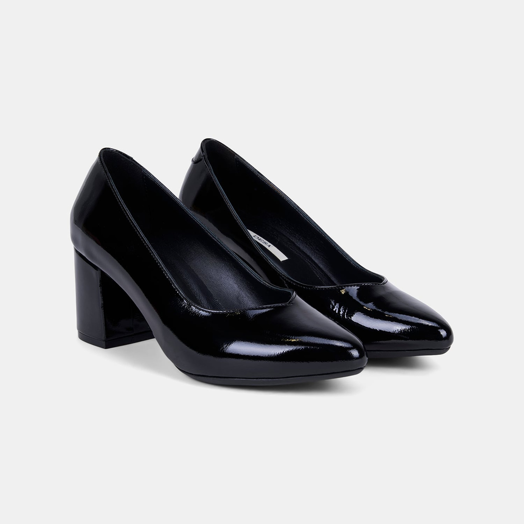 Kadın Siyah Rugan Deri Kalın Topuklu Ayakkabı 