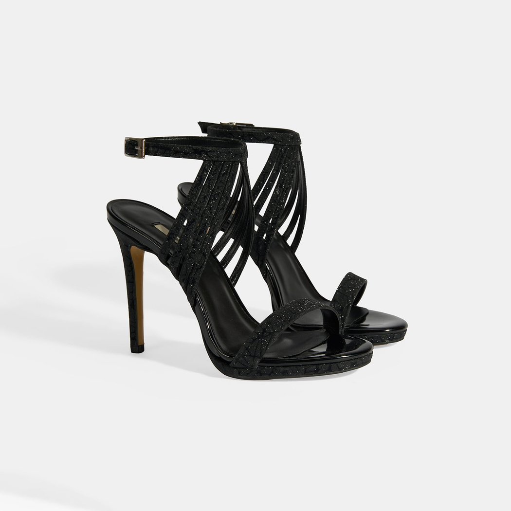 Kadın Siyah Simli Bantlı Topuklu Abiye Sandalet