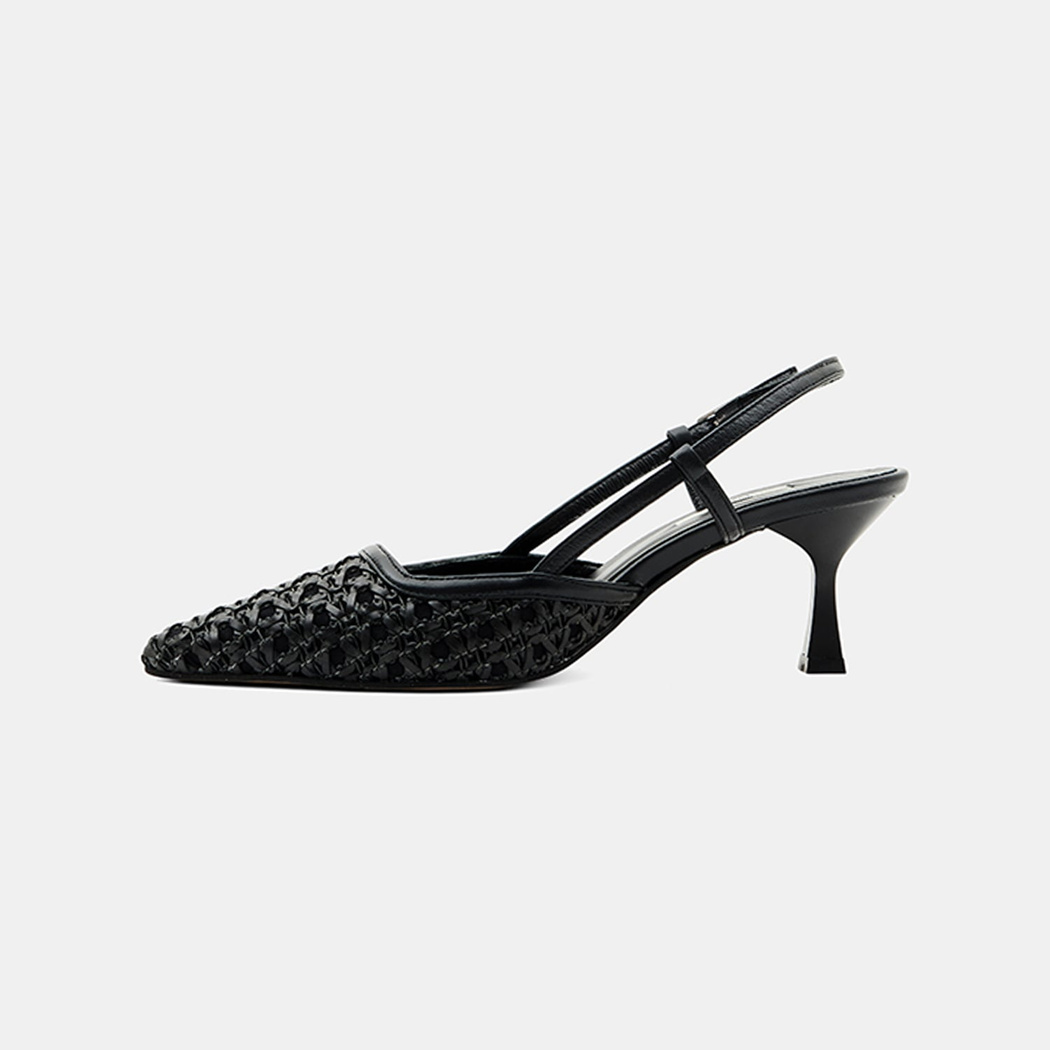 Kadın Siyah Sivri Burunlu Slingback Deri Topuklu Ayakkabı