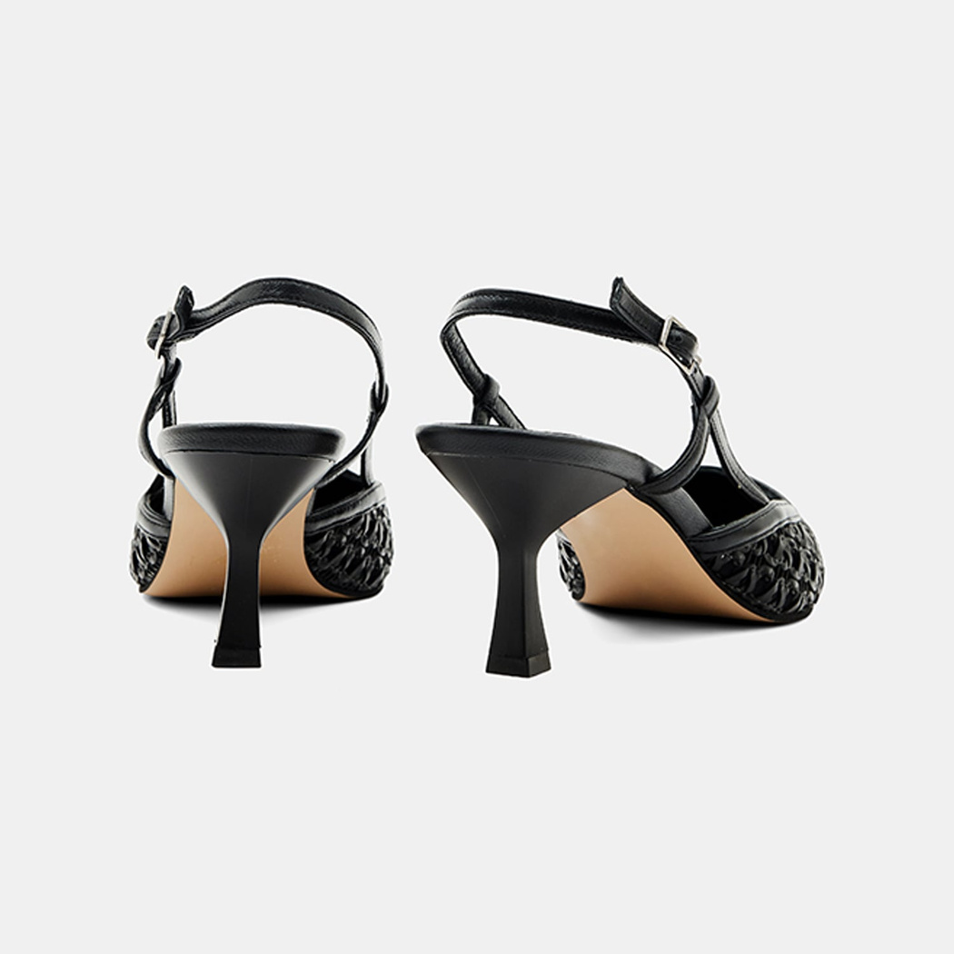 Kadın Siyah Sivri Burunlu Slingback Deri Topuklu Ayakkabı