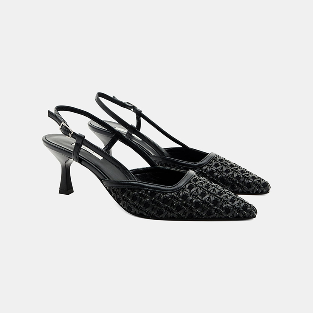 Kadın Siyah Sivri Burunlu Slingback Deri Topuklu Ayakkabı