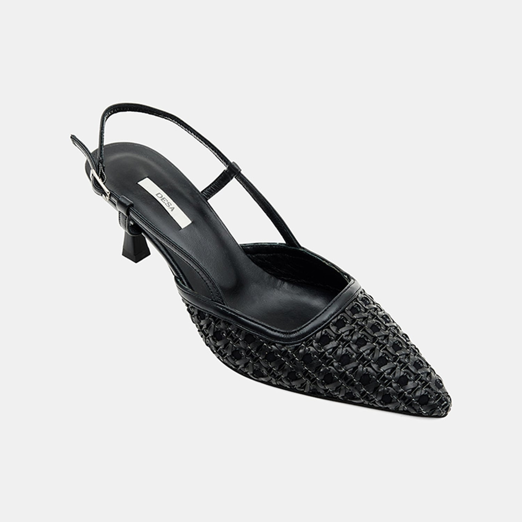 Kadın Siyah Sivri Burunlu Slingback Deri Topuklu Ayakkabı