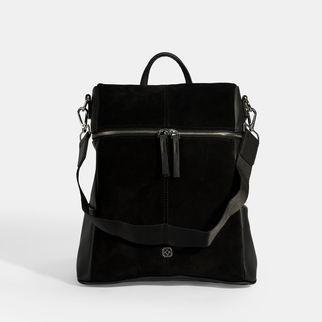 Kadın Siyah Süet Detaylı Fermuarlı Sırt Çantası