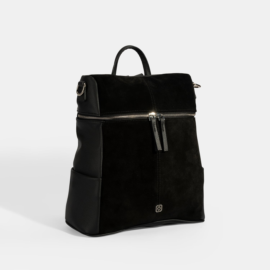 Kadın Siyah Süet Detaylı Fermuarlı Sırt Çantası