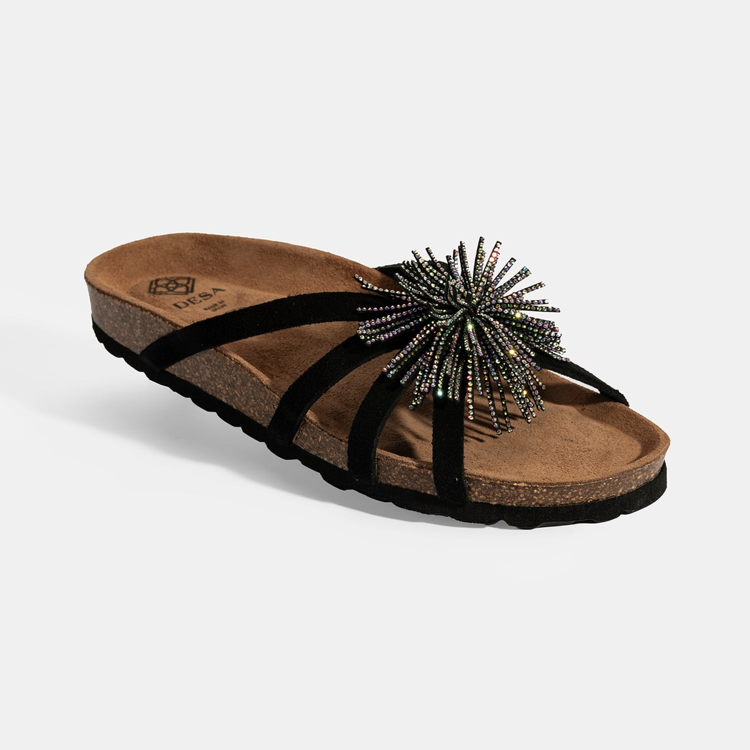 Kadın Siyah Taş Detaylı Süet Terlik