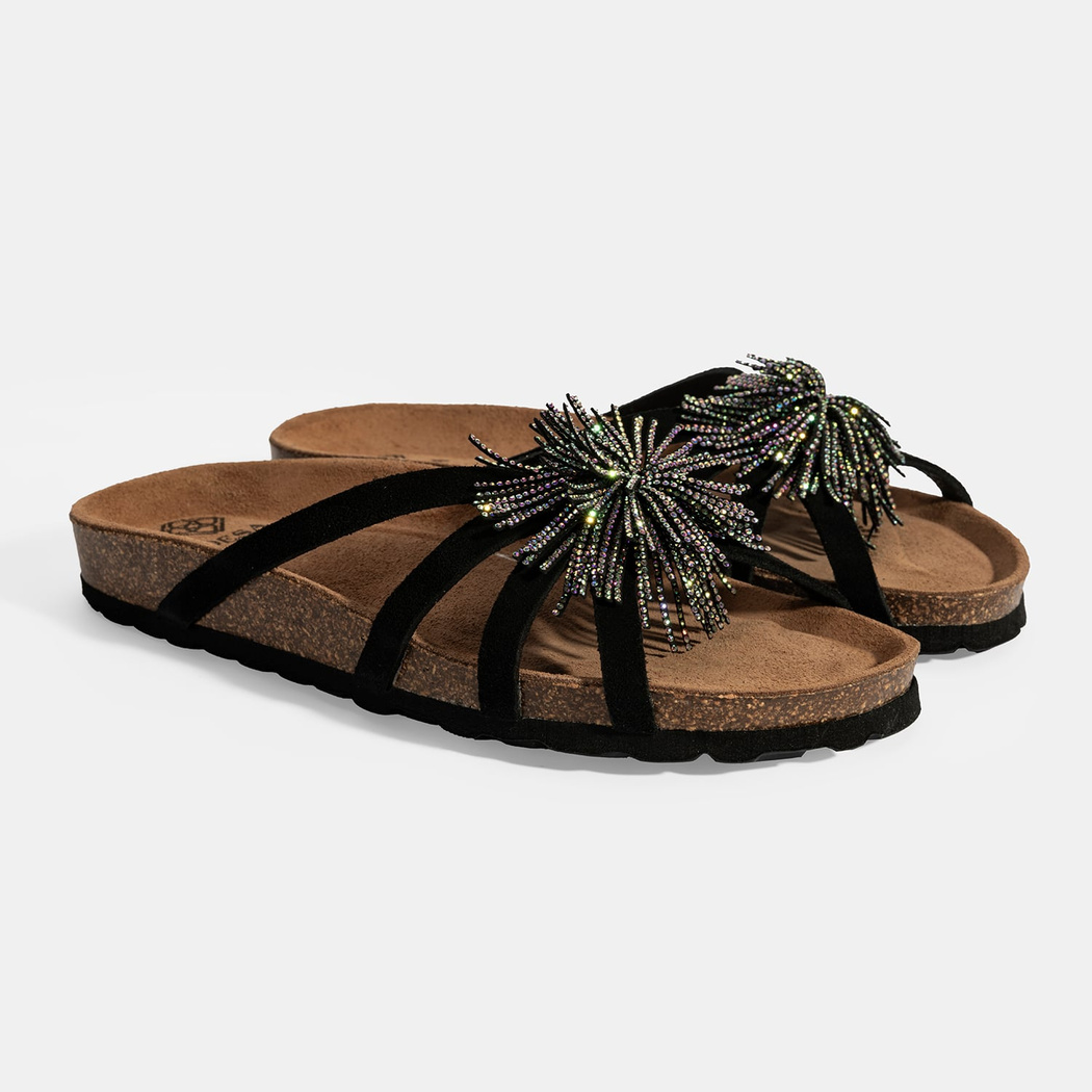 Kadın Siyah Taş Detaylı Süet Terlik