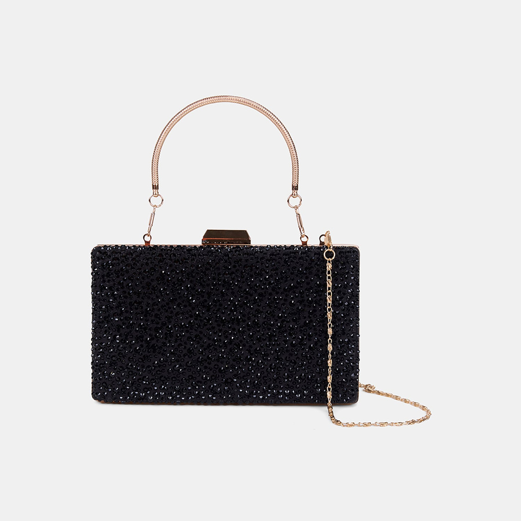 Kadın Siyah Taş İşlemeli Zincir Askılı Abiye Clutch