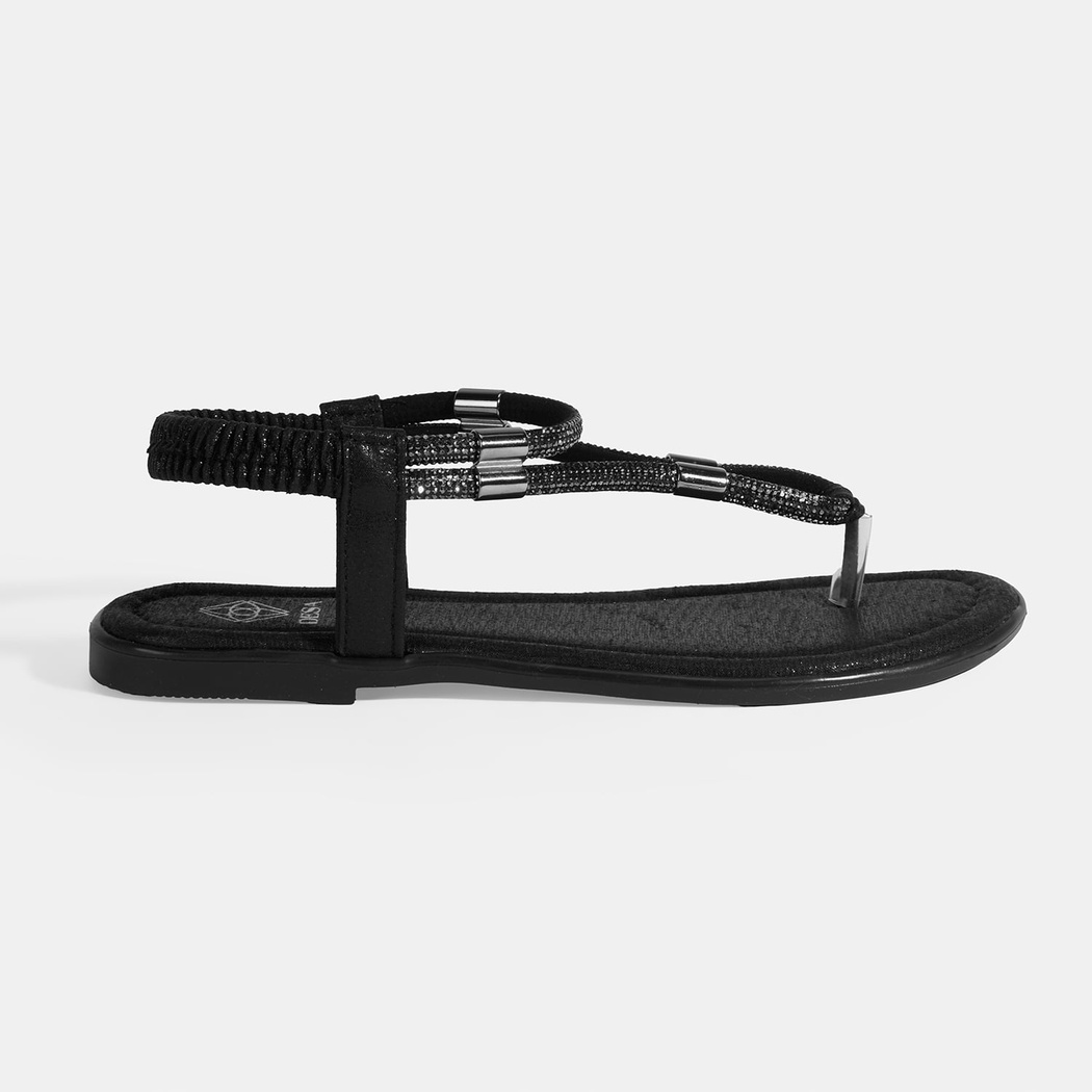 Kadın Siyah Taşlı Lastik Bantlı Parmak Arası Sandalet