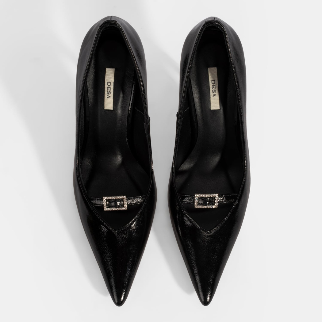 Kadın Siyah Taşlı Toka Detaylı Rugan Topuklu Abiye Ayakkabı