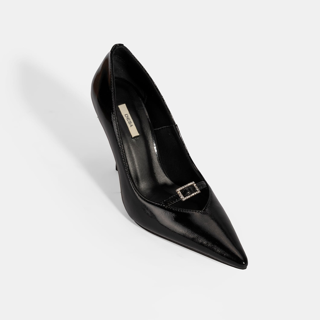 Kadın Siyah Taşlı Toka Detaylı Rugan Topuklu Abiye Ayakkabı