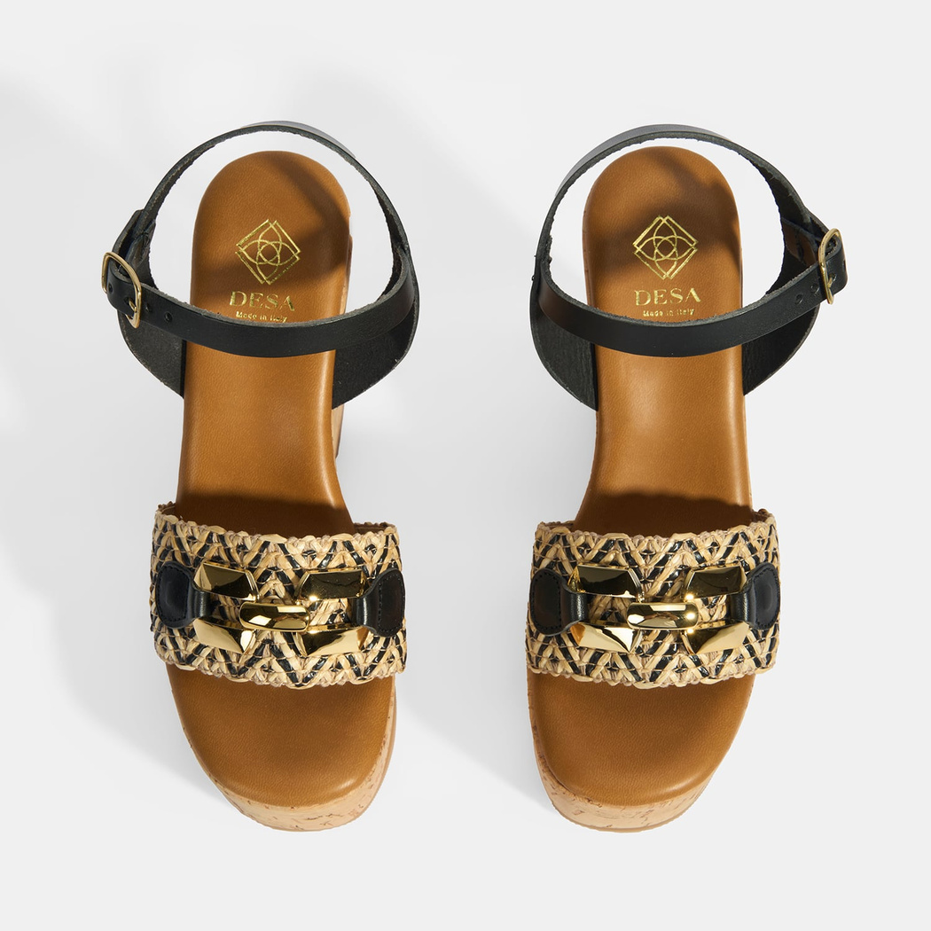 Kadın Siyah Toka Aksesuarlı Deri Detaylı Dolgu Topuklu Sandalet