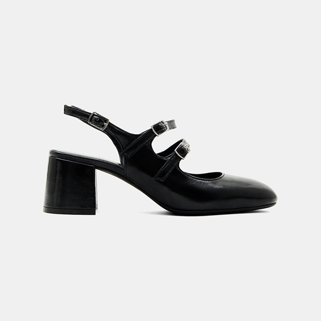 Kadın Siyah Tokalı Kalın Topuklu Klasik Rugan Deri Ayakkabı