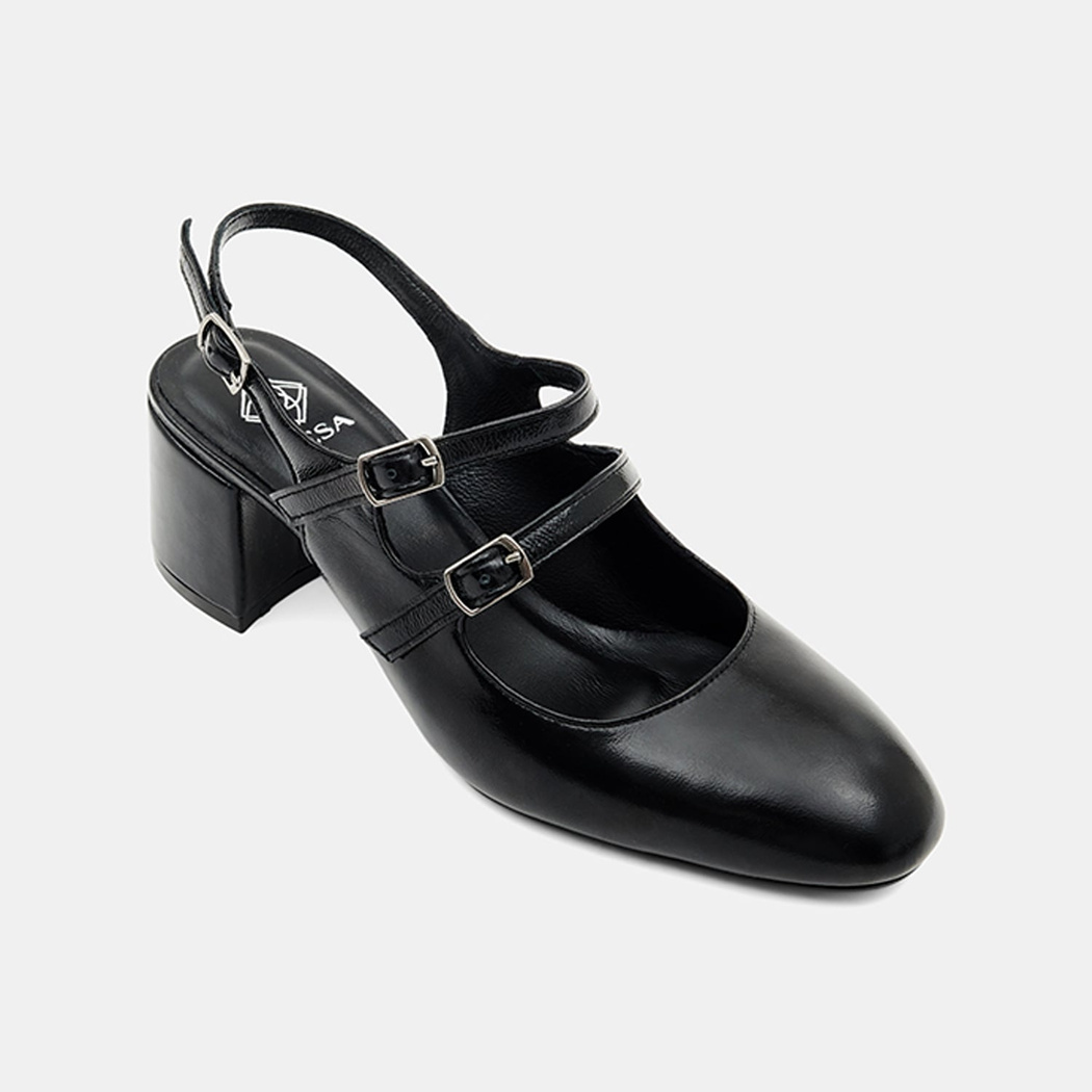 Kadın Siyah Tokalı Kalın Topuklu Klasik Rugan Deri Ayakkabı