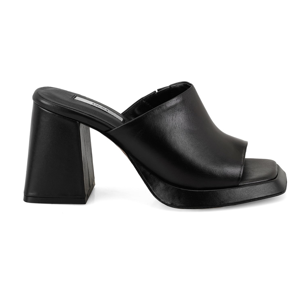 Kadın Siyah Topuklu Napa Deri Terlik