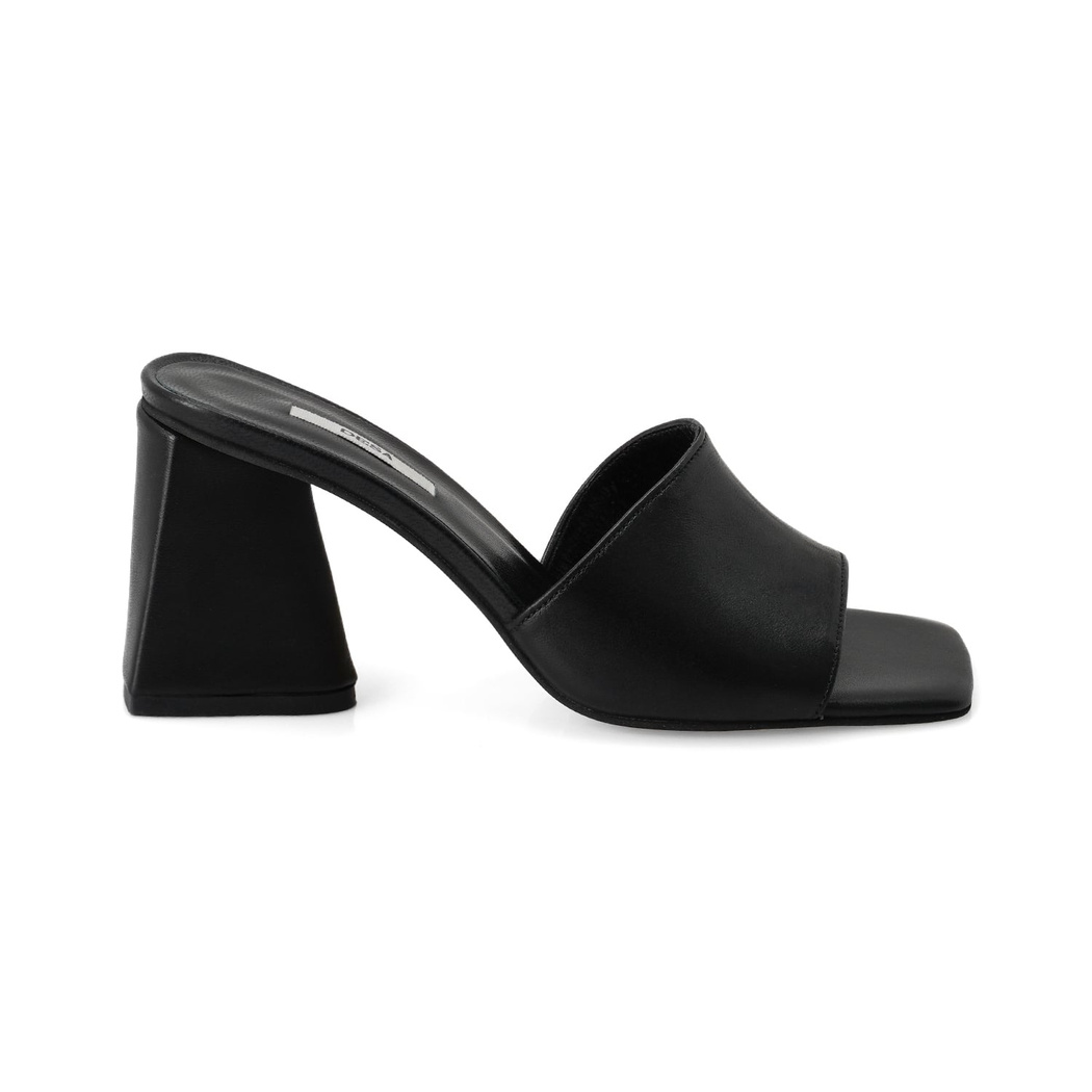 Kadın Siyah Topuklu Napa Deri Terlik
