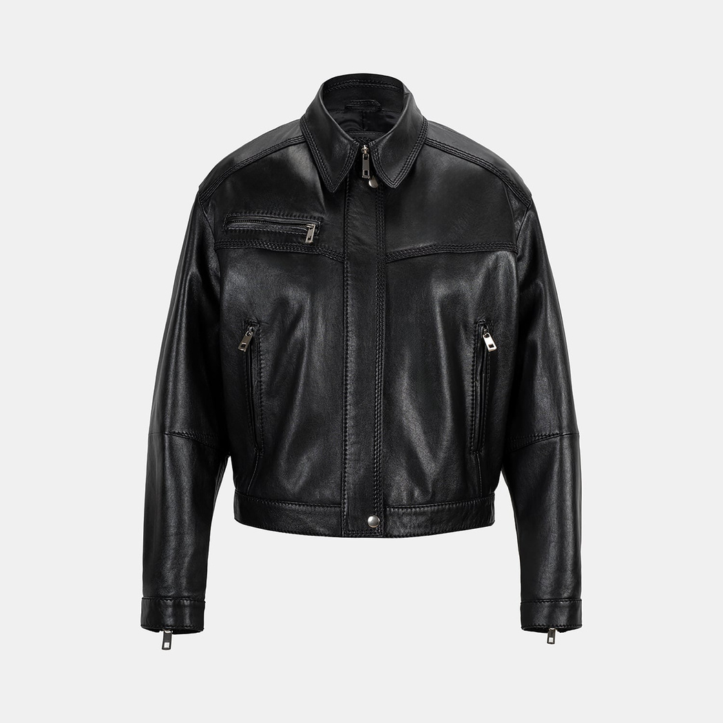 Kadın Siyah Yakalı Deri Bomber Ceket