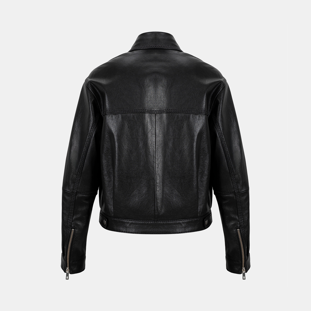 Kadın Siyah Yakalı Deri Bomber Ceket