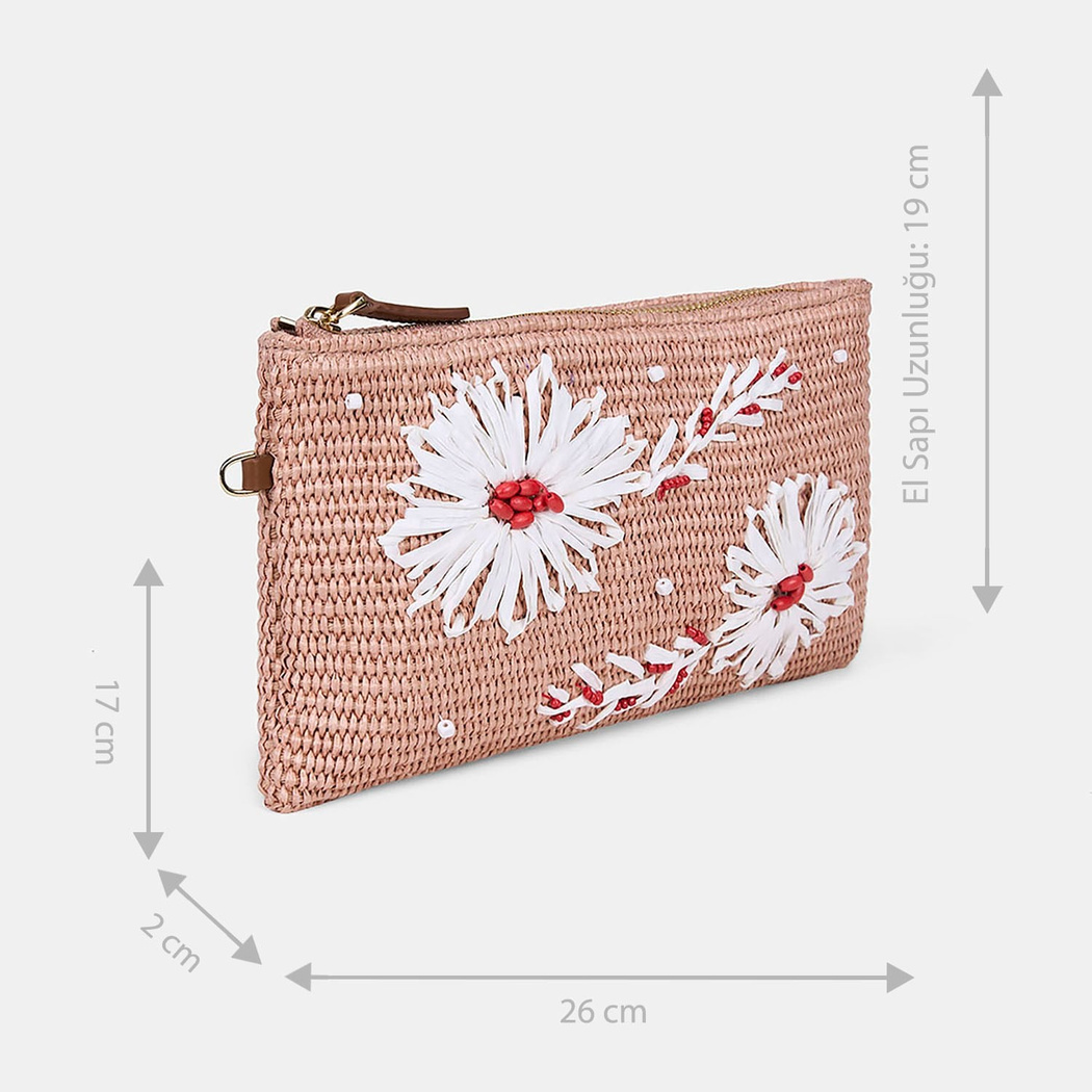 Kadın Somon Çiçek Motifli Boncuklu Hasır Clutch