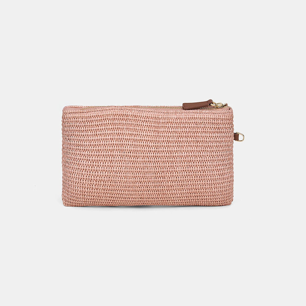 Kadın Somon Çiçek Motifli Boncuklu Hasır Clutch