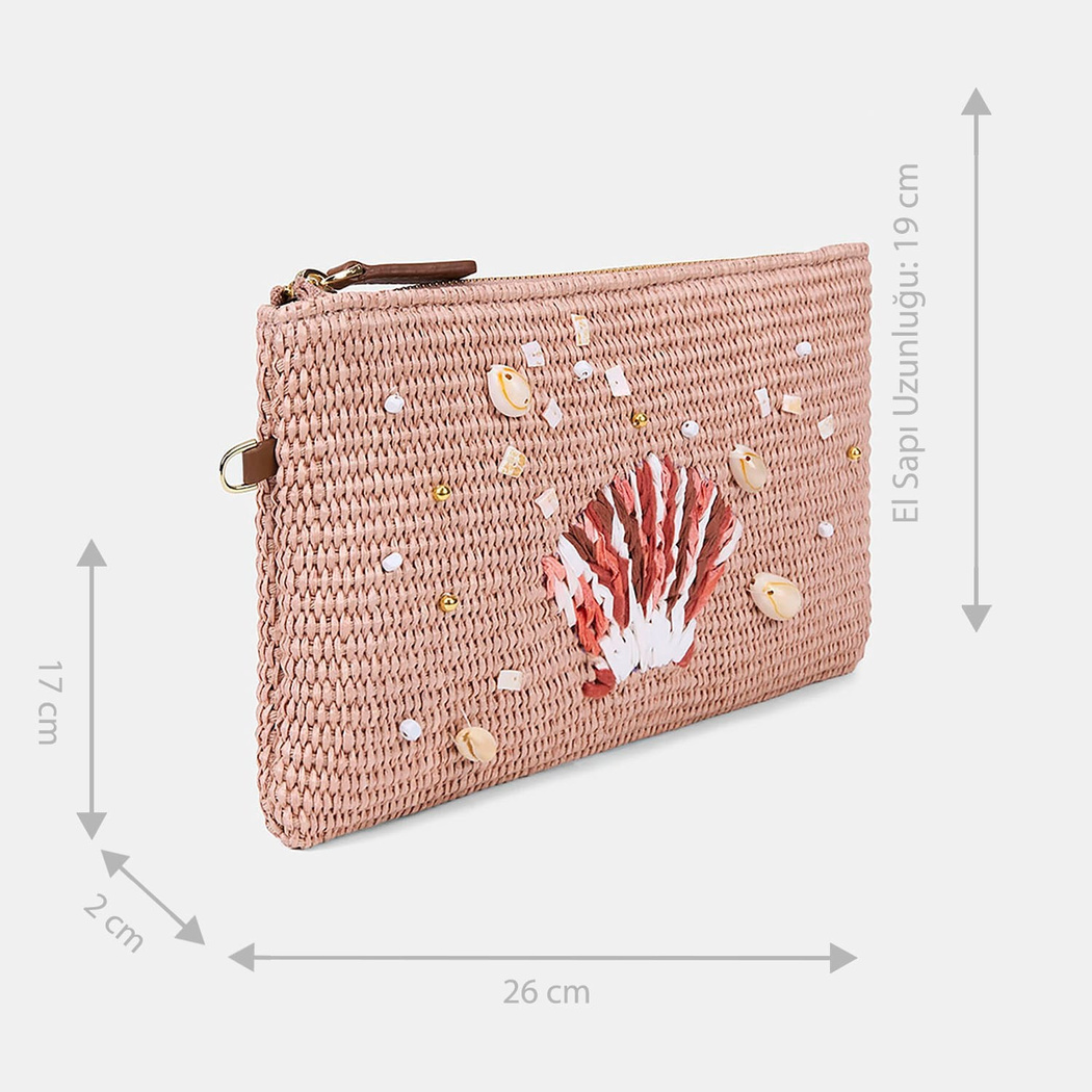 Kadın Somon Deniz Kabuğu Aksesuarlı Hasır Clutch