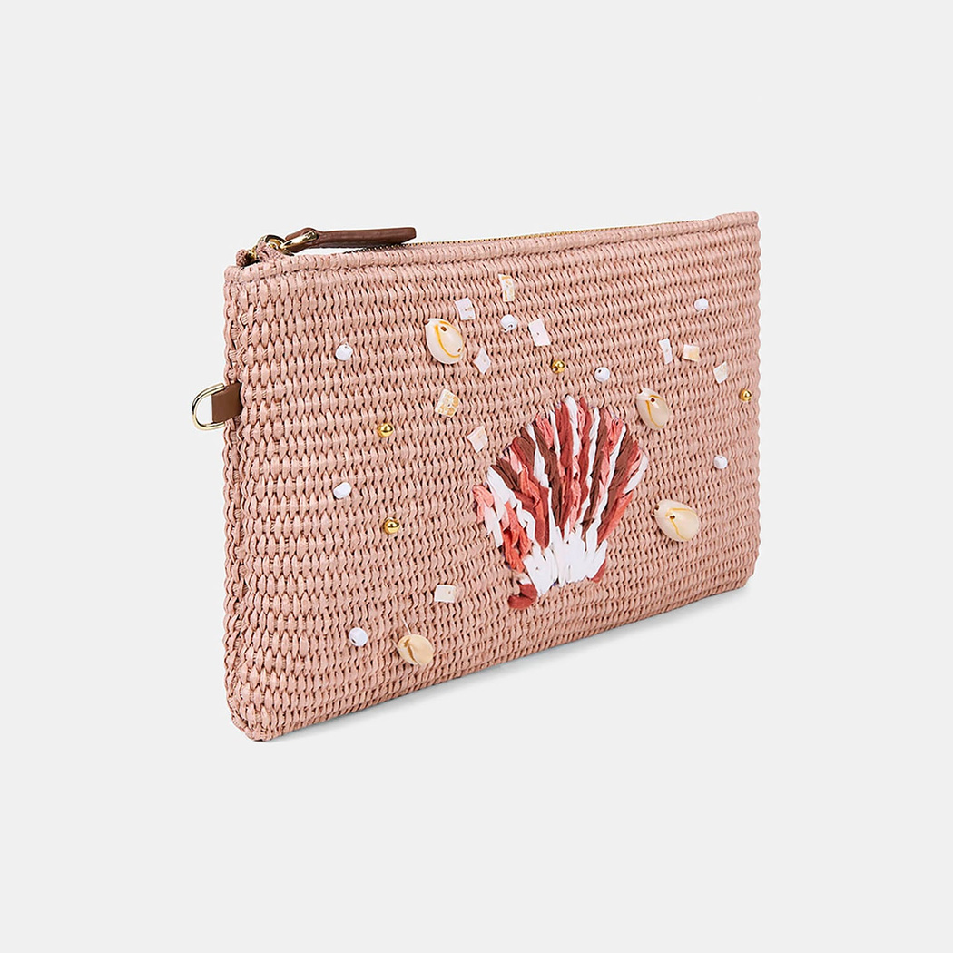 Kadın Somon Deniz Kabuğu Aksesuarlı Hasır Clutch