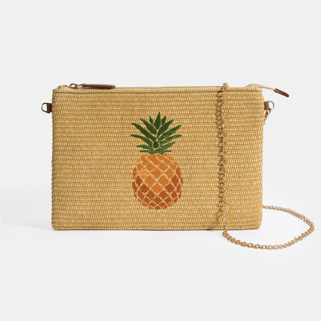 Kadın Taba Ananas Nakışlı Hasır Clutch