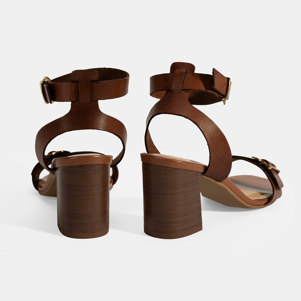 Kadın Taba Ayarlanabilir Tokalı Deri Topuklu Sandalet