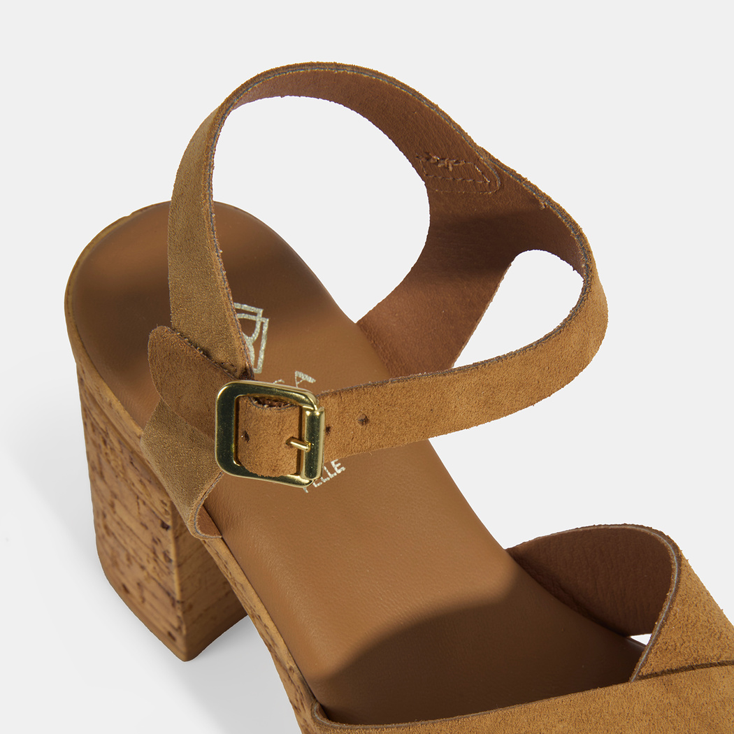 Kadın Taba Ayarlanabilir Tokalı Topuklu Süet Sandalet    