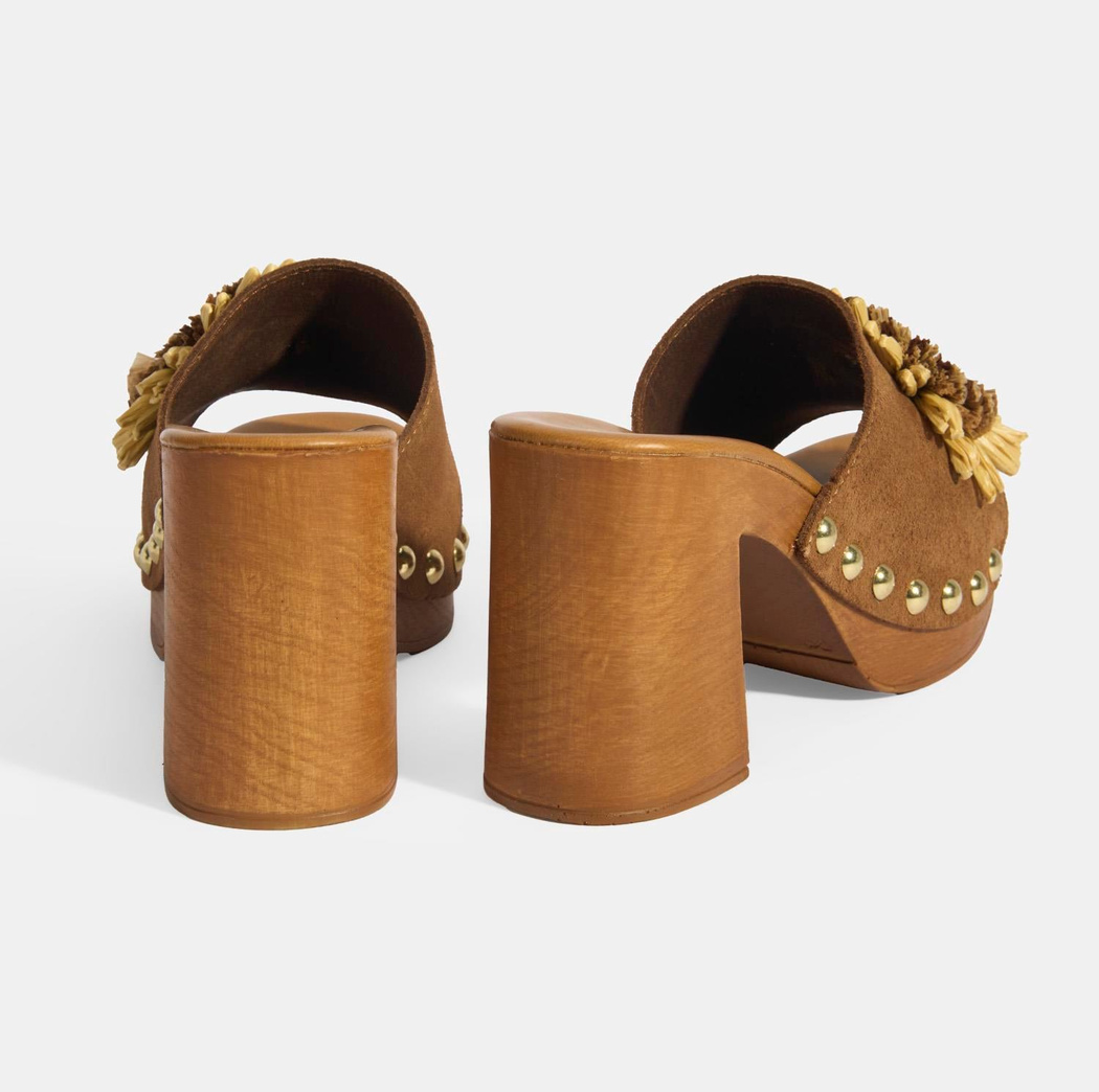 Kadın Taba Çiçek Aksesuarlı Süet Topuklu Terlik