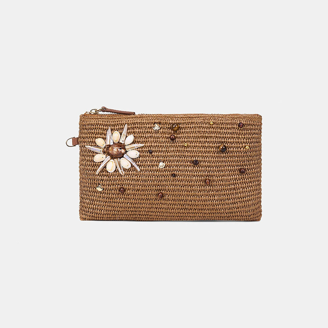 Kadın Taba Deniz Kabuğu Aksesuarlı Hasır Clutch