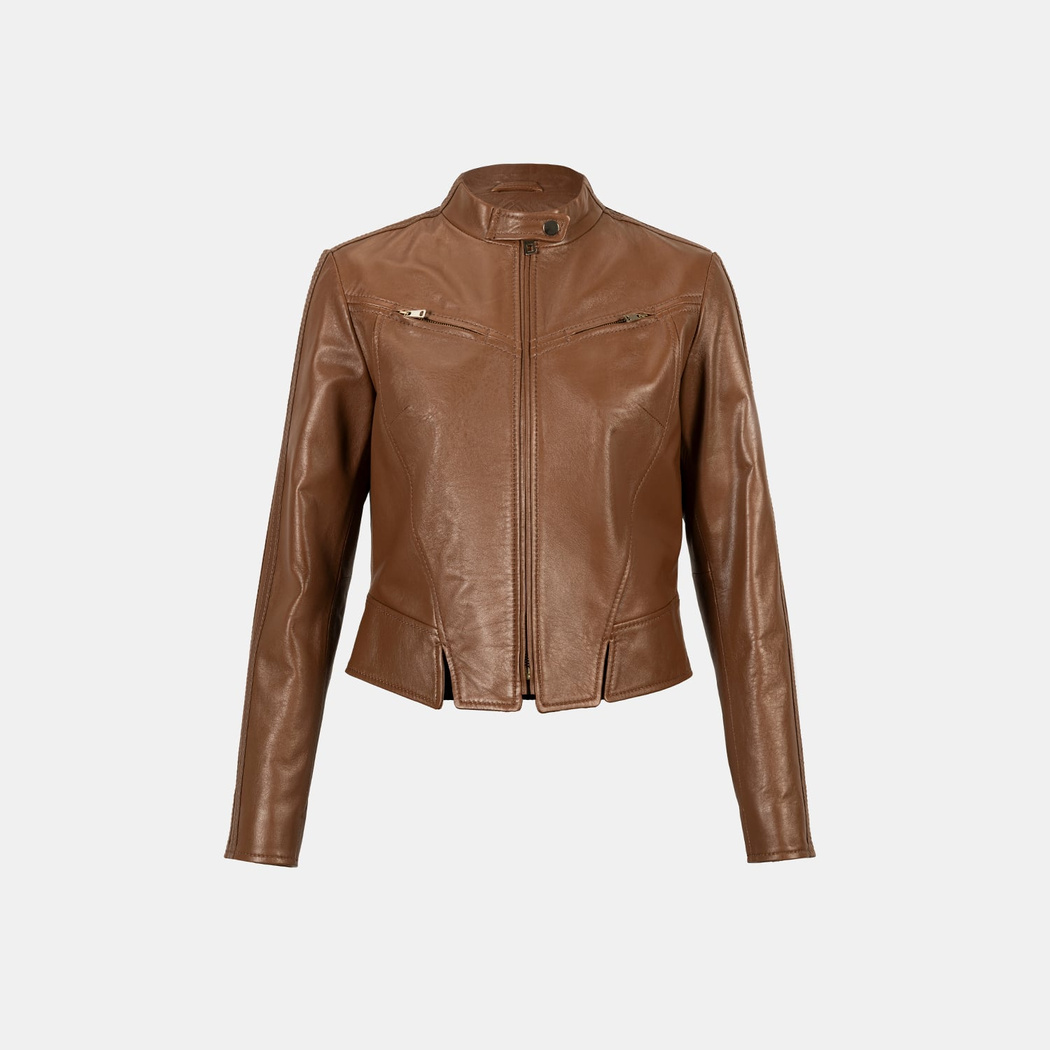 Kadın Taba Deri Biker Ceket