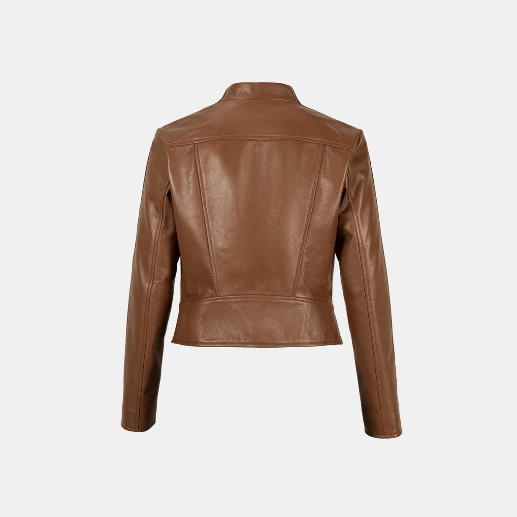 Kadın Taba Deri Biker Ceket