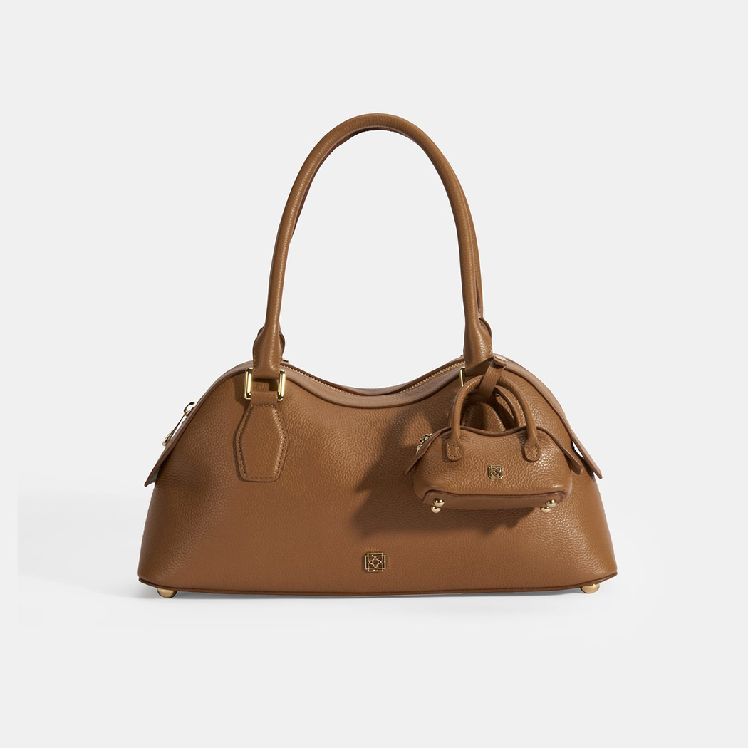 Kadın Taba Deri Çanta Aksesuarlı Büyük Omuz Çantası