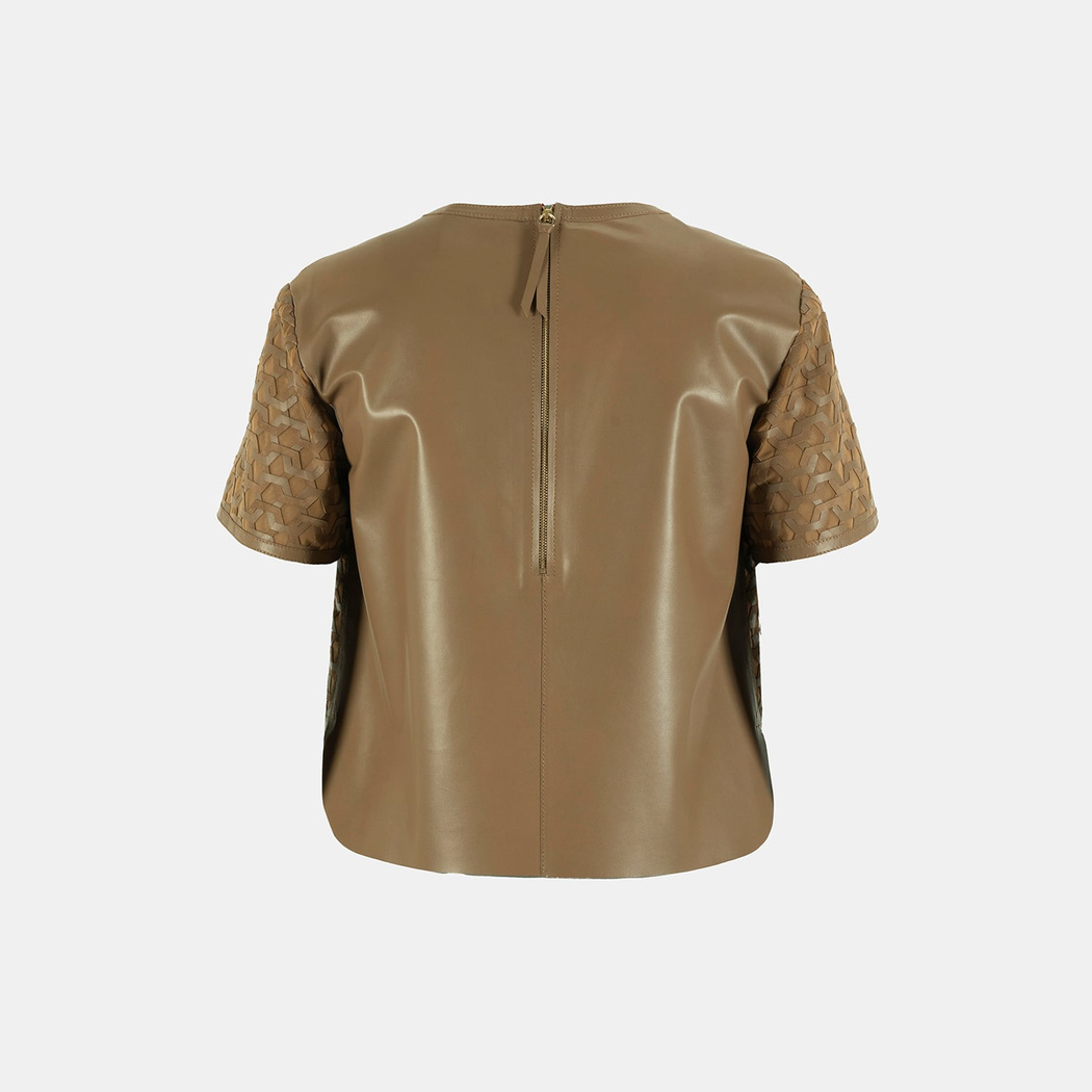 Kadın Taba Deri Detaylı Bluz