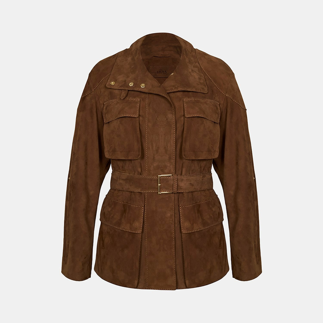 Kadın Taba Dik Yakalı Kemerli Süet Ceket