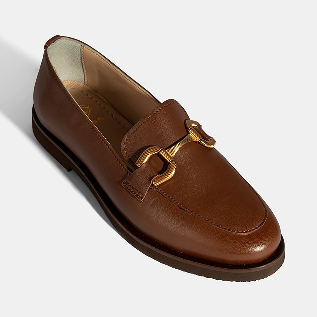 Kadın Taba Metal Toka Aksesuarlı Deri Loafer