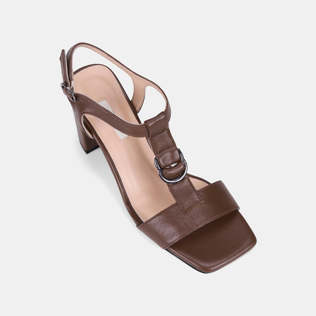 Kadın Taba T-Bantlı Kalın Topuklu Deri Sandalet 