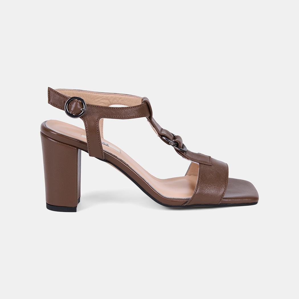 Kadın Taba T-Bantlı Kalın Topuklu Deri Sandalet 
