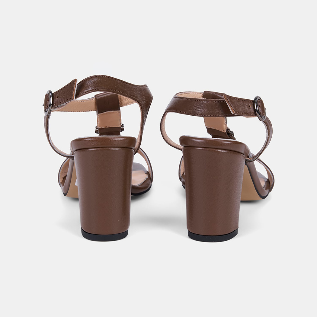 Kadın Taba T-Bantlı Kalın Topuklu Deri Sandalet 