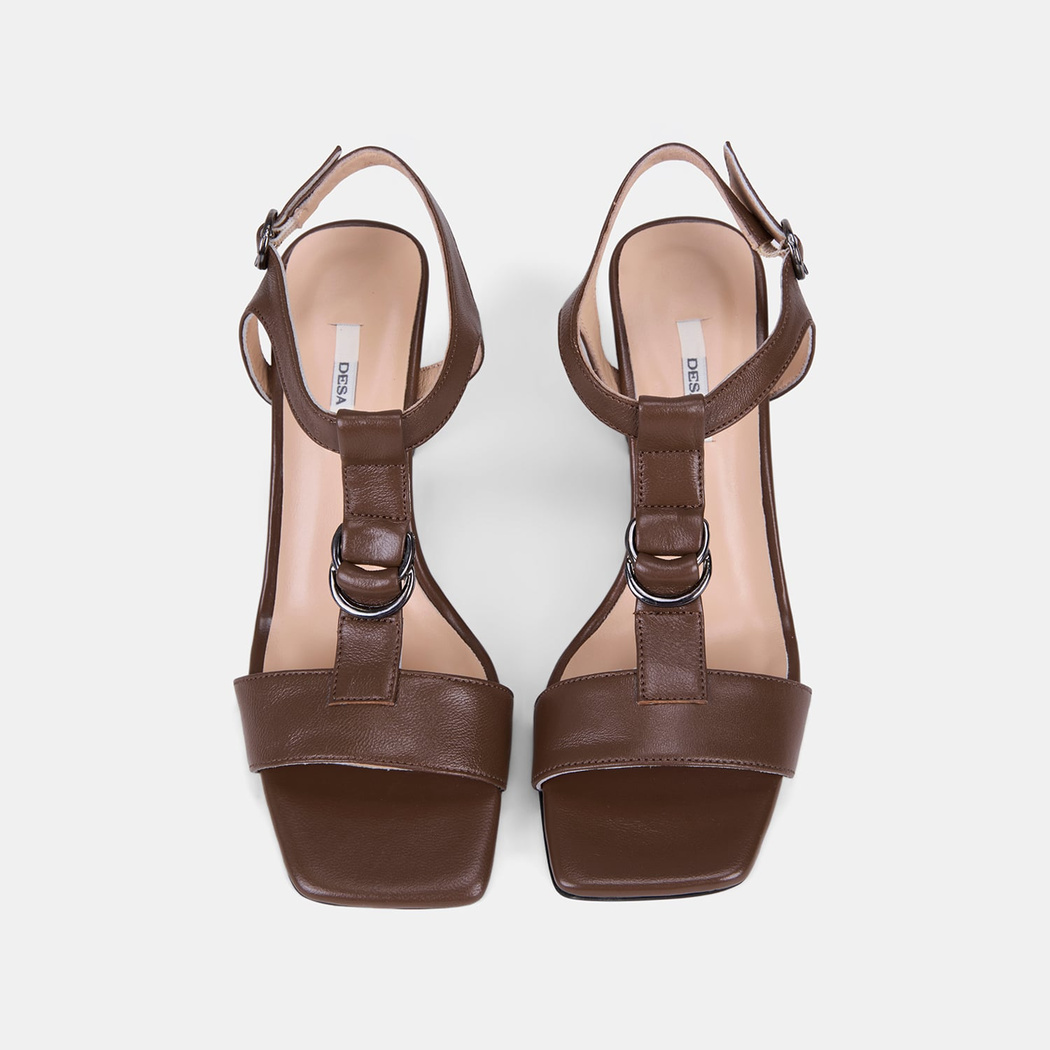 Kadın Taba T-Bantlı Kalın Topuklu Deri Sandalet 