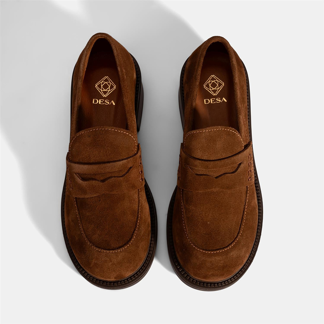 Kadın Taba Topuklu Süet Loafer